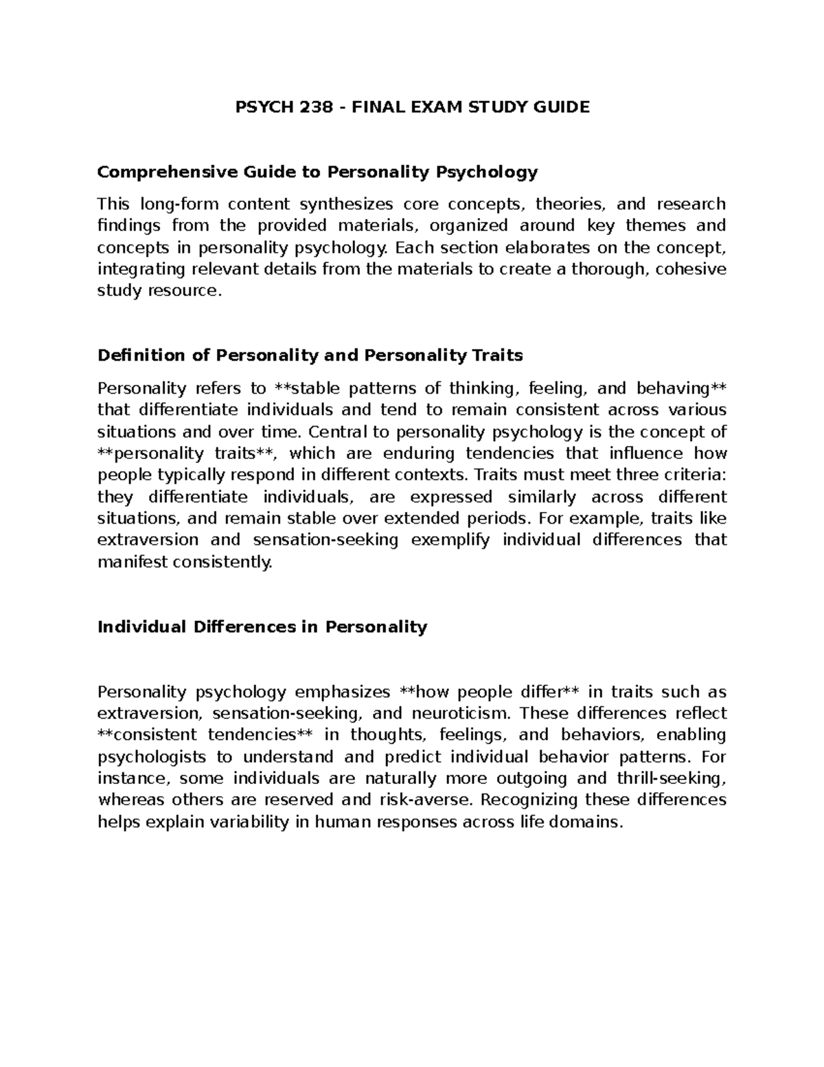 Comprehensive Study Guide for PSYCH 238 - Final Exam on Personality ...