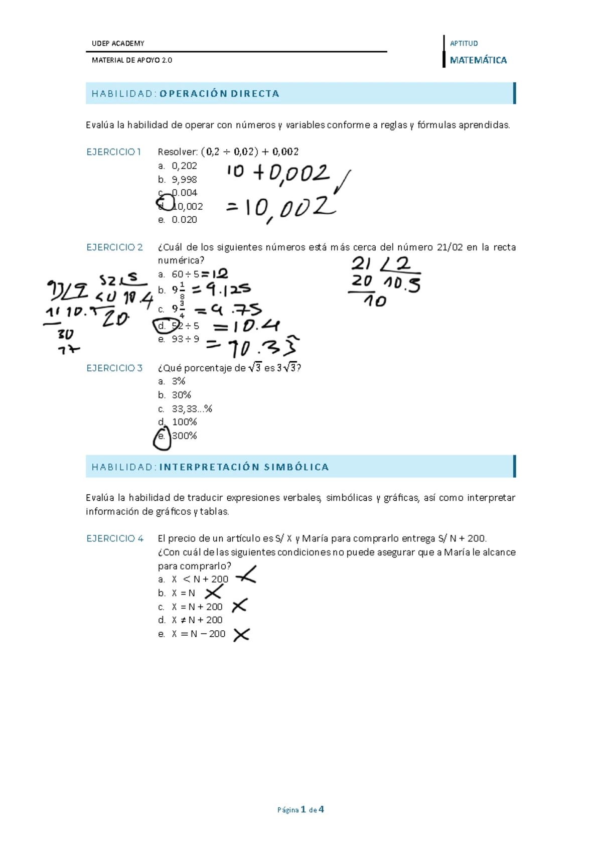 UDEP ACADEMY APTITUD MATERIAL DE APOYO 4.0 MATEMÁTICA HABILIDADES Y ...