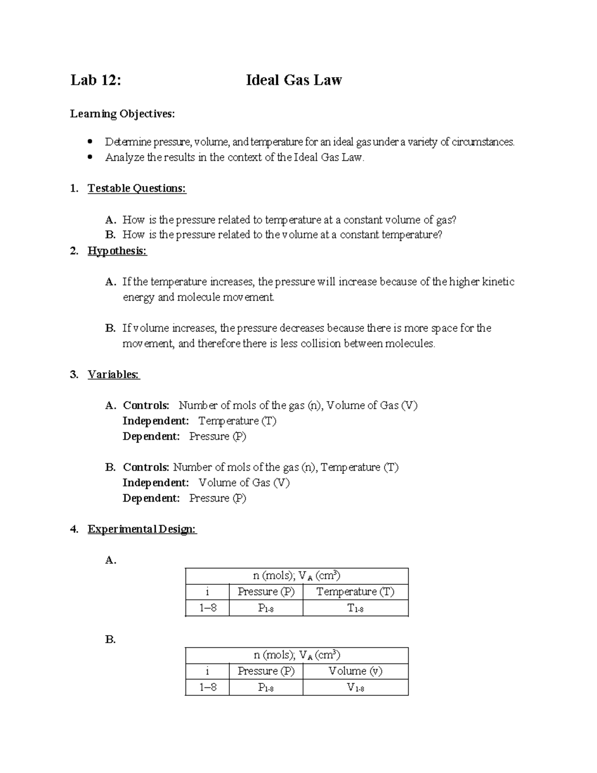 PHY111L Lab 12: Exploring the Ideal Gas Law and Experimental Design ...