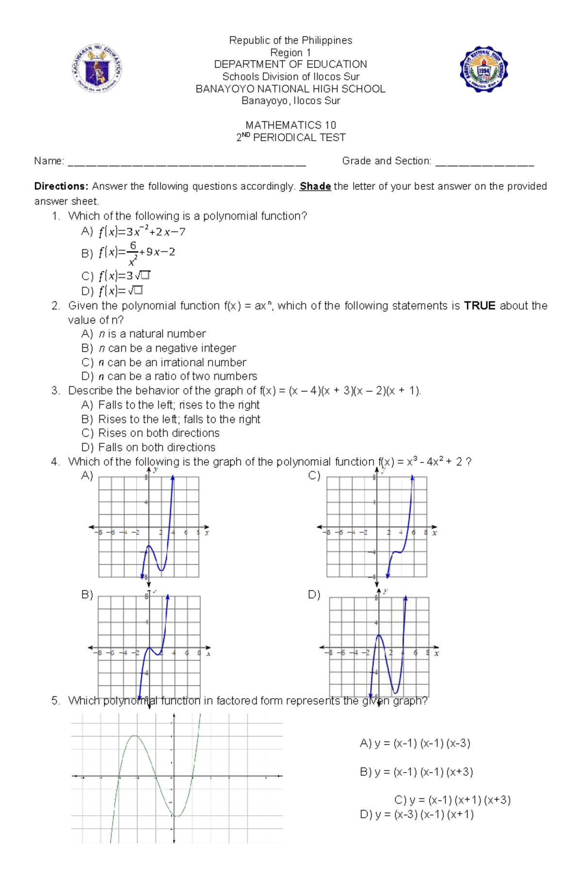 Math10-Q2-TEST: Periodical Test Questions for Mathematics 10 - Studocu