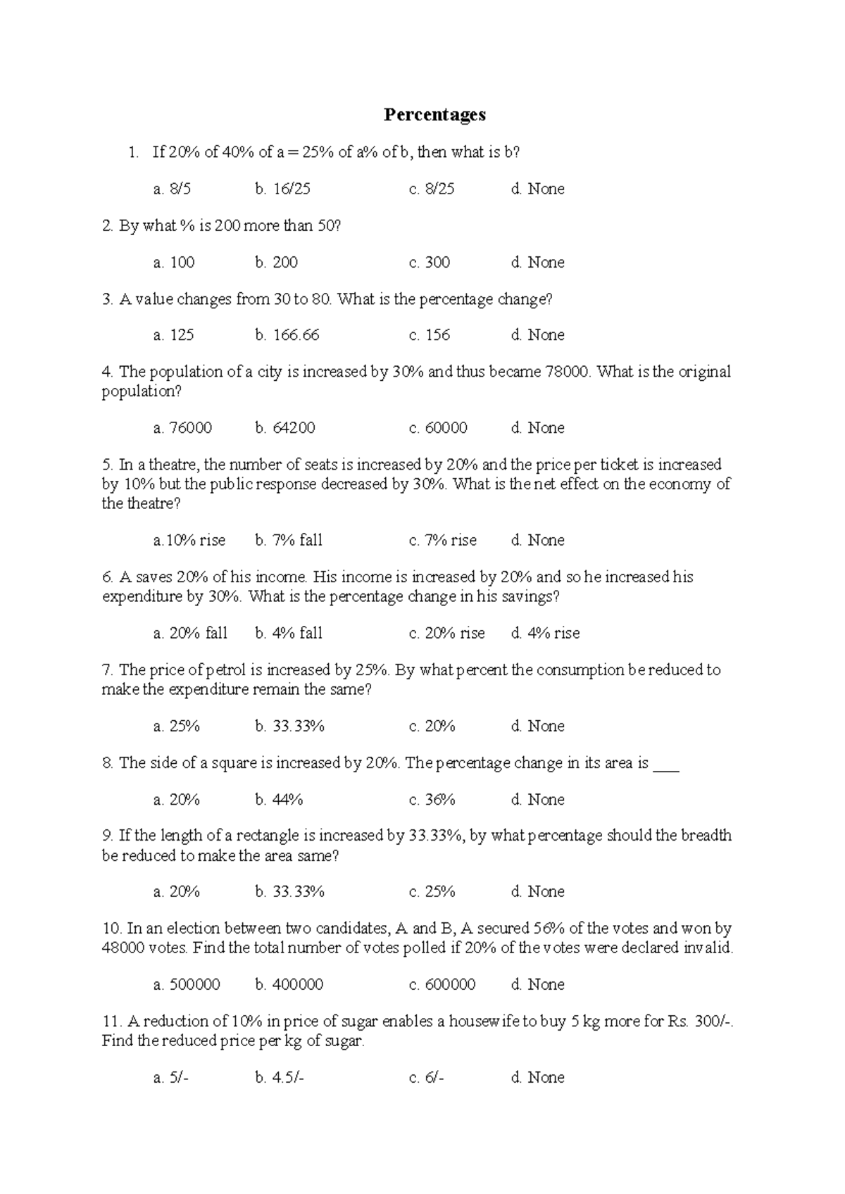 Percentages Quiz Handout - Essential Problems and Solutions - Studocu