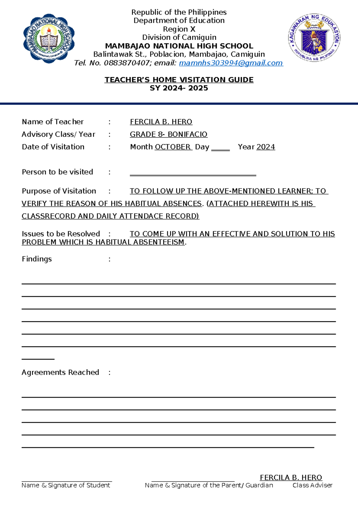 Home Visitation Form for G8-Bonifacio: SY 2024-2025 Guide - Studocu