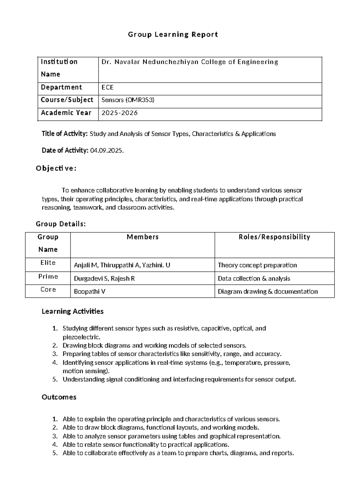 Group Learning Report on Sensor Types (OMR353) - Studocu