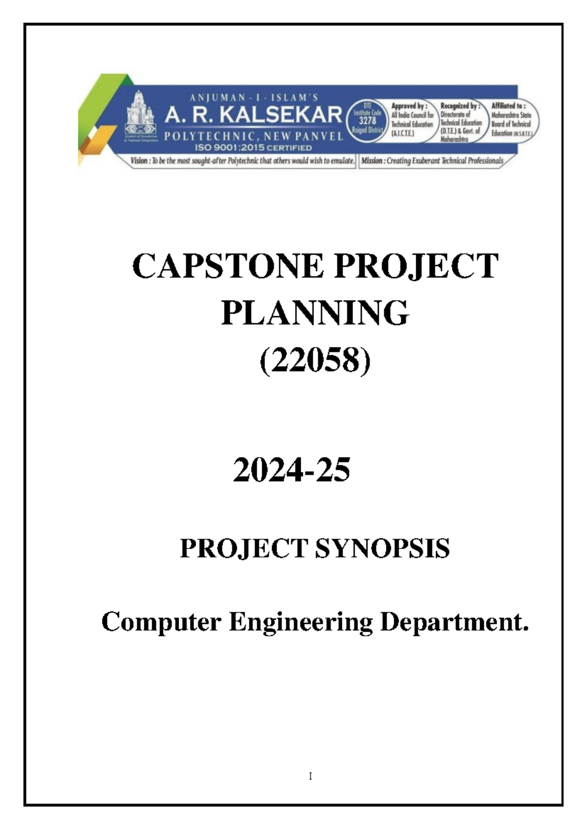Capstone Project Synopsis - I CAPSTONE PROJECT PLANNING (22058) 2024 ...