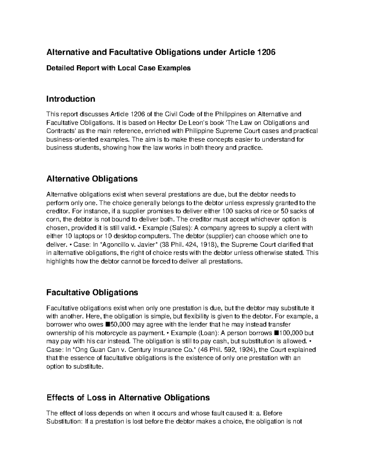 Alternative and Facultative Obligations under Article 1206: A Detailed ...