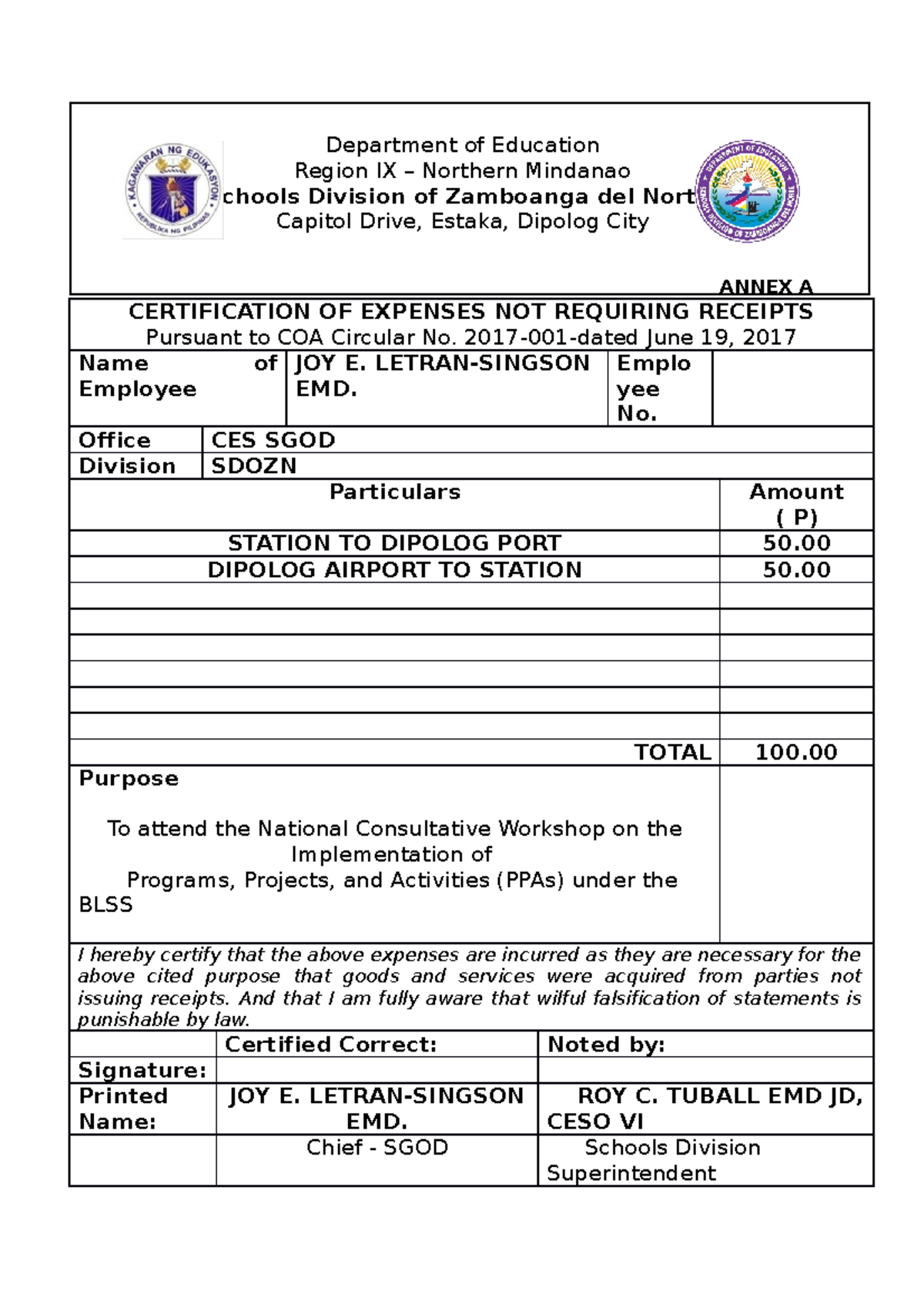 Certification of Expenses (No Receipts) – DepEd Region IX – ZDN - Studocu