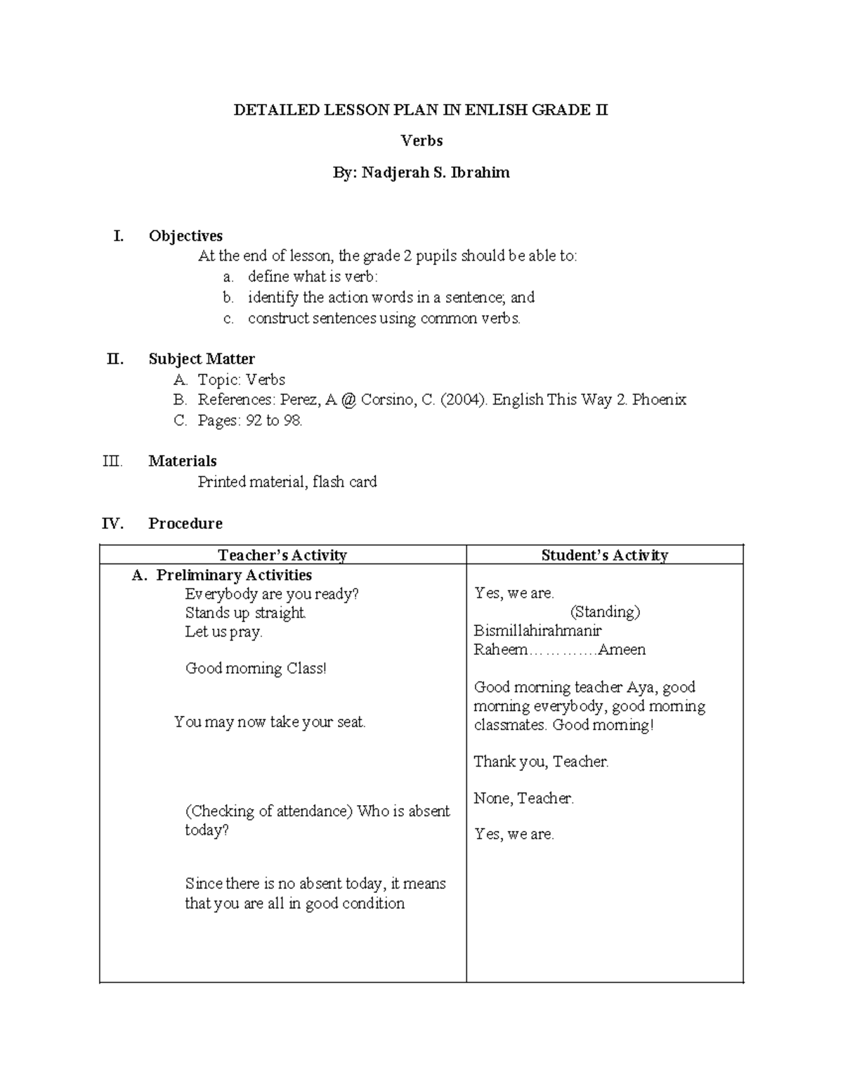 Grade 2 Englsih - DETAILED LESSON PLAN IN ENLISH GRADE II Verbs By ...