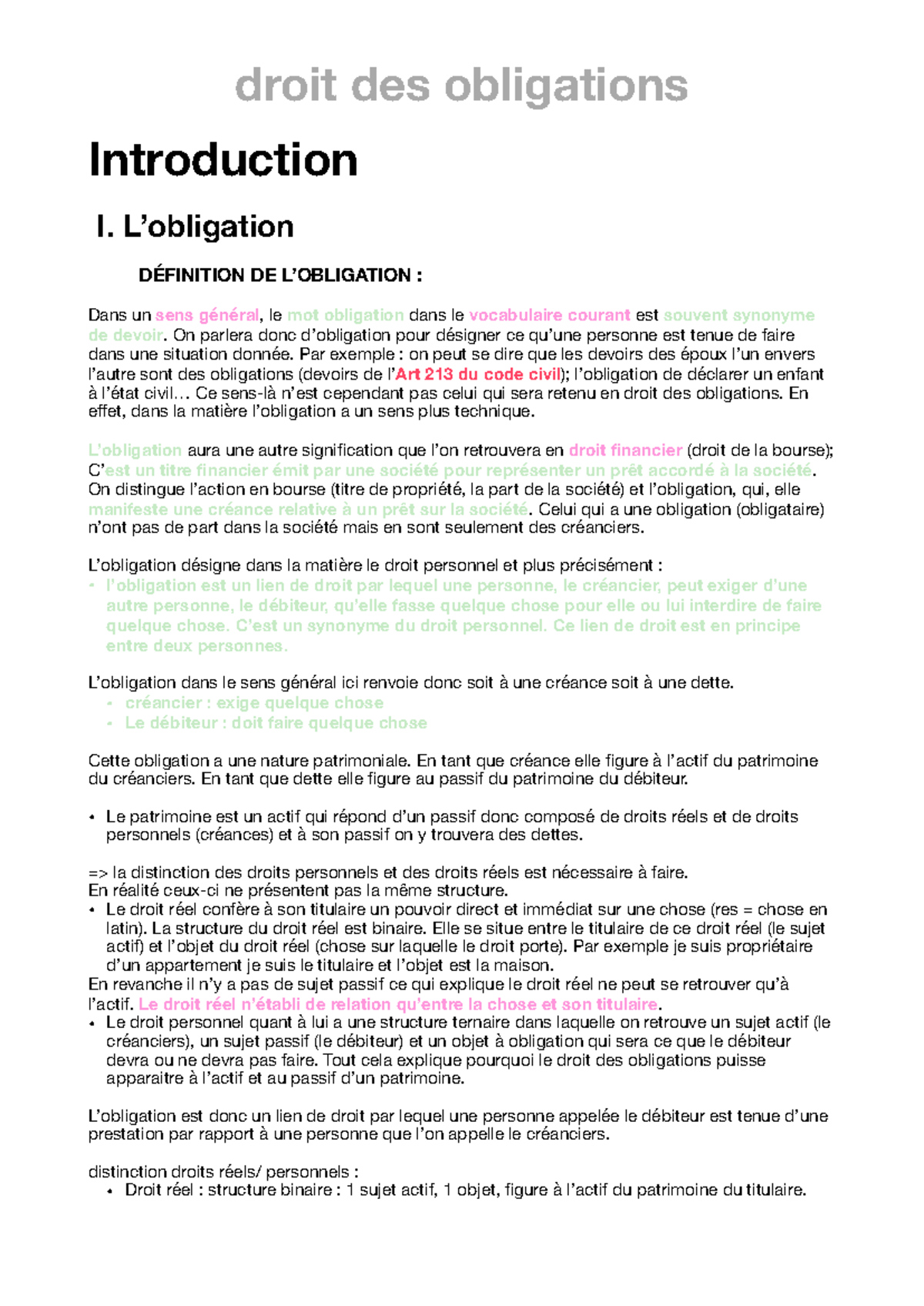 Droit oblig cms - début de cours - Introduction I. L’obligation ...