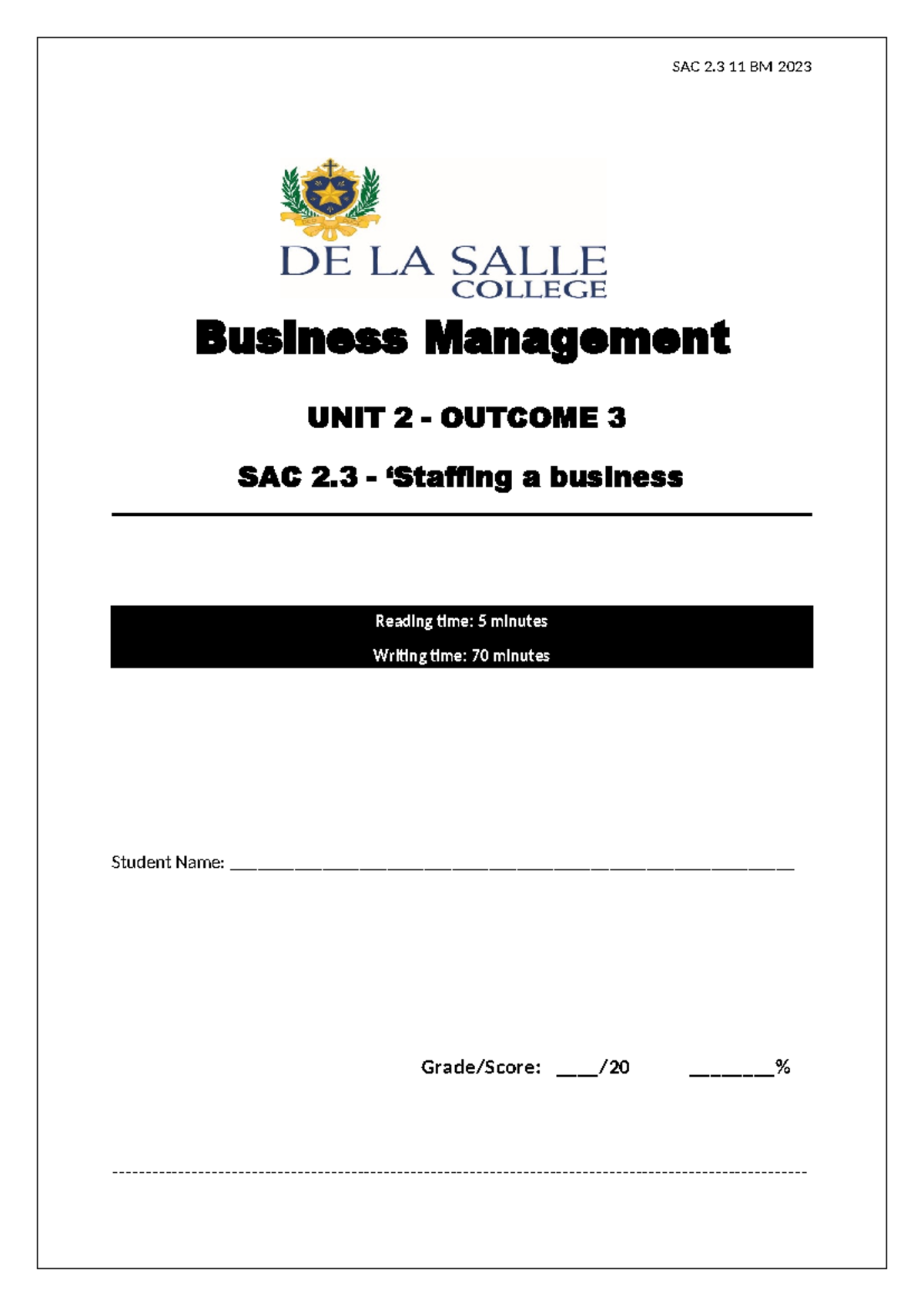 11 BM SAC 2.3 2023 - Business Management Unit 2 Outcome 3 Analysis ...