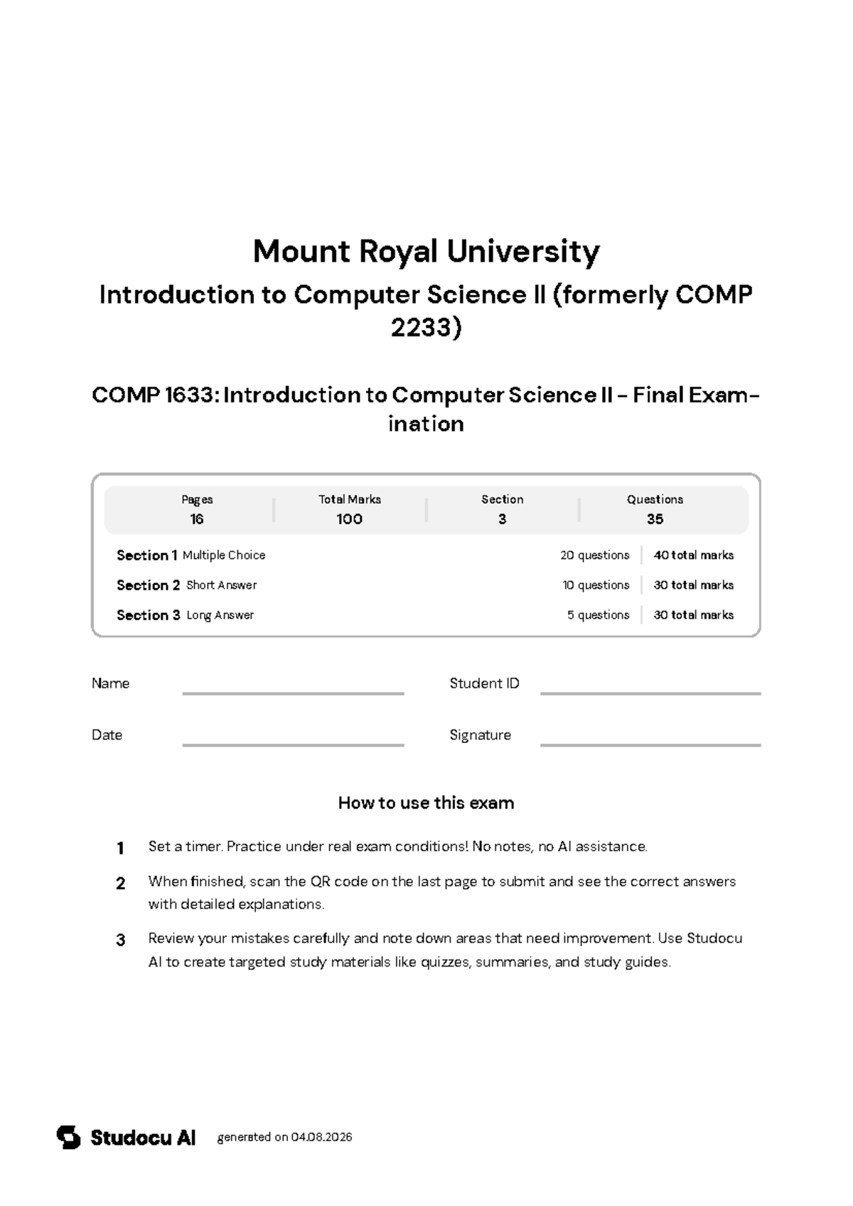 COMP 1633: Final Exam in Computer Science II - Studocu