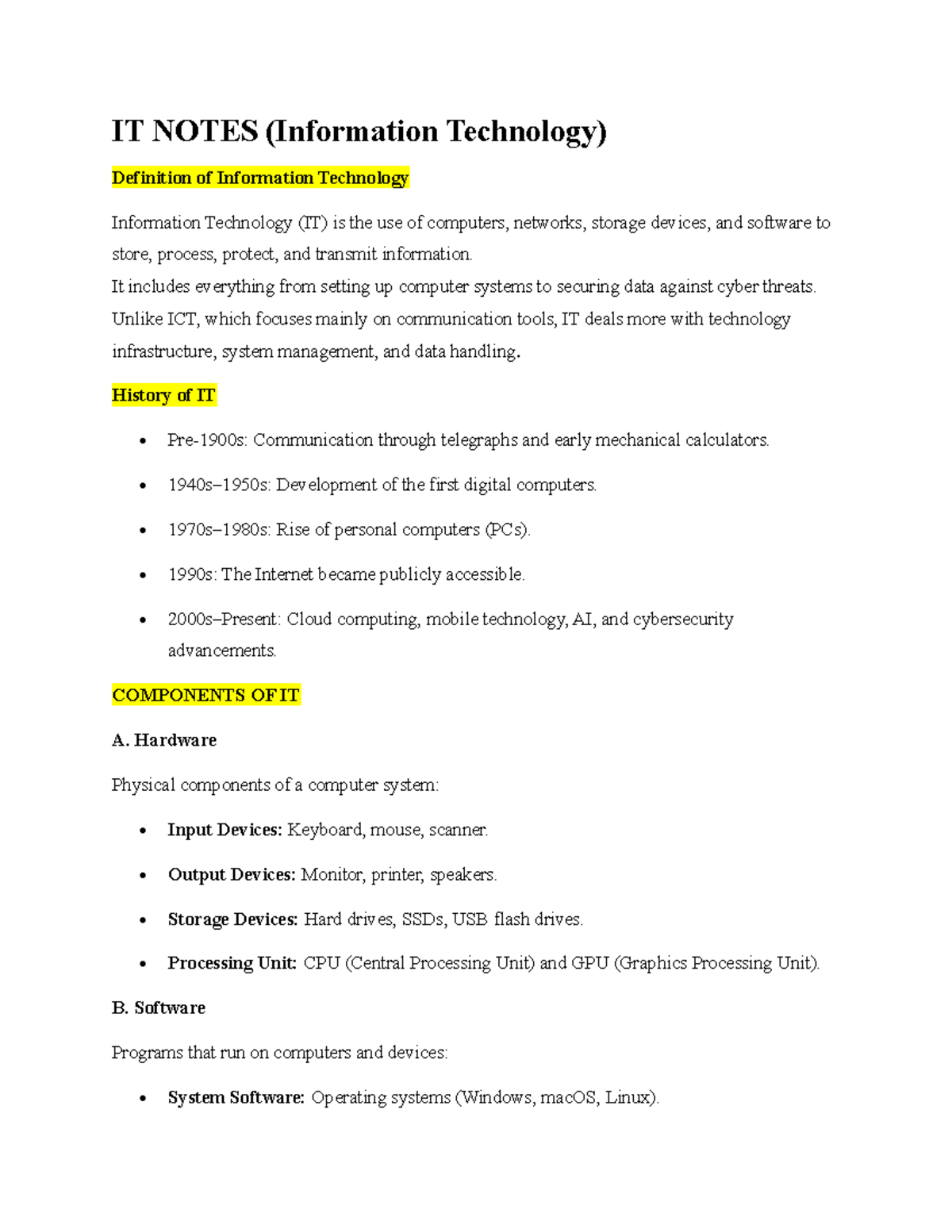 IT 101: Comprehensive Notes on Information Technology Concepts - Studocu