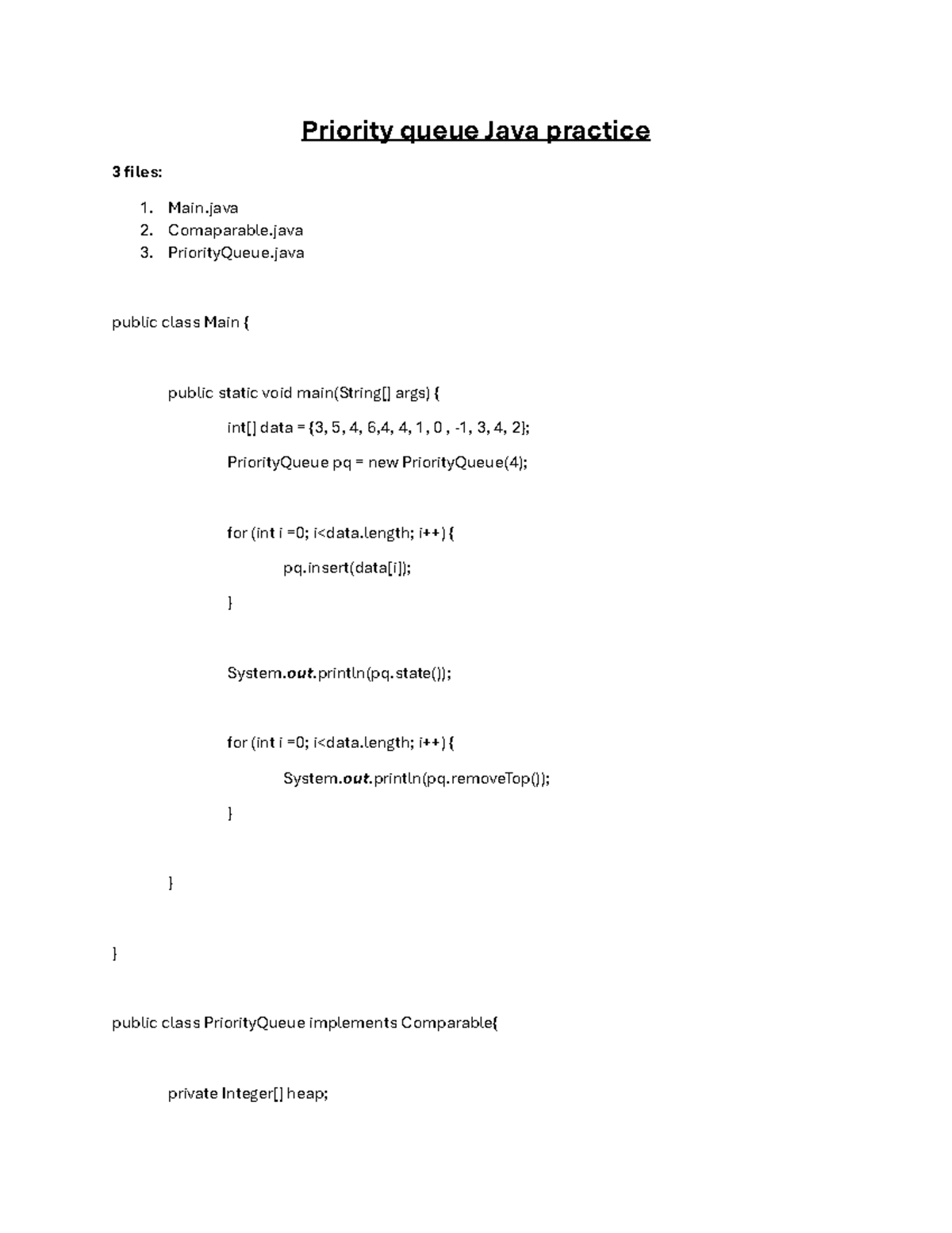 Priority queue Java practice - Main 2. Comaparable 3. PriorityQueue ...