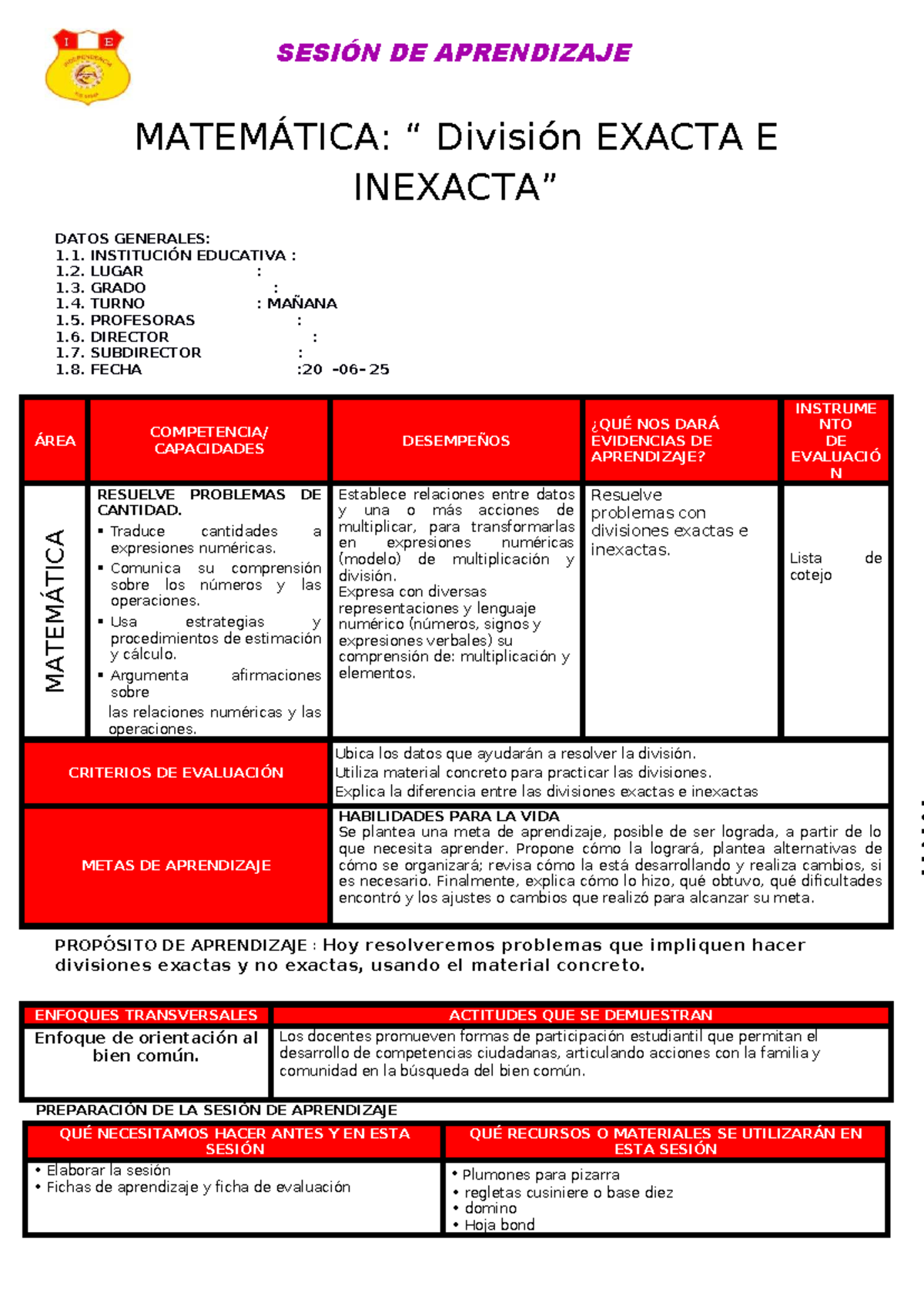 SESION DE APRENDIZAJE MATEMÁTICA: División Exacta e Inexacta - 20 Junio ...
