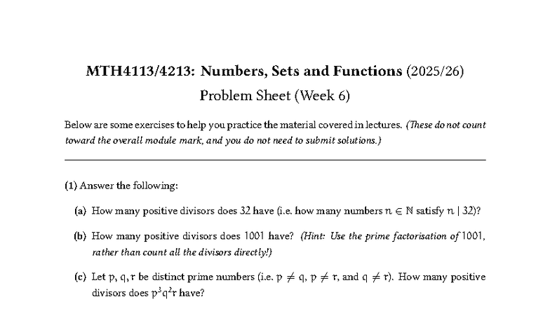 Numbers, Sets and Functions Problem Sheet (Week 6) - Practice - Studocu