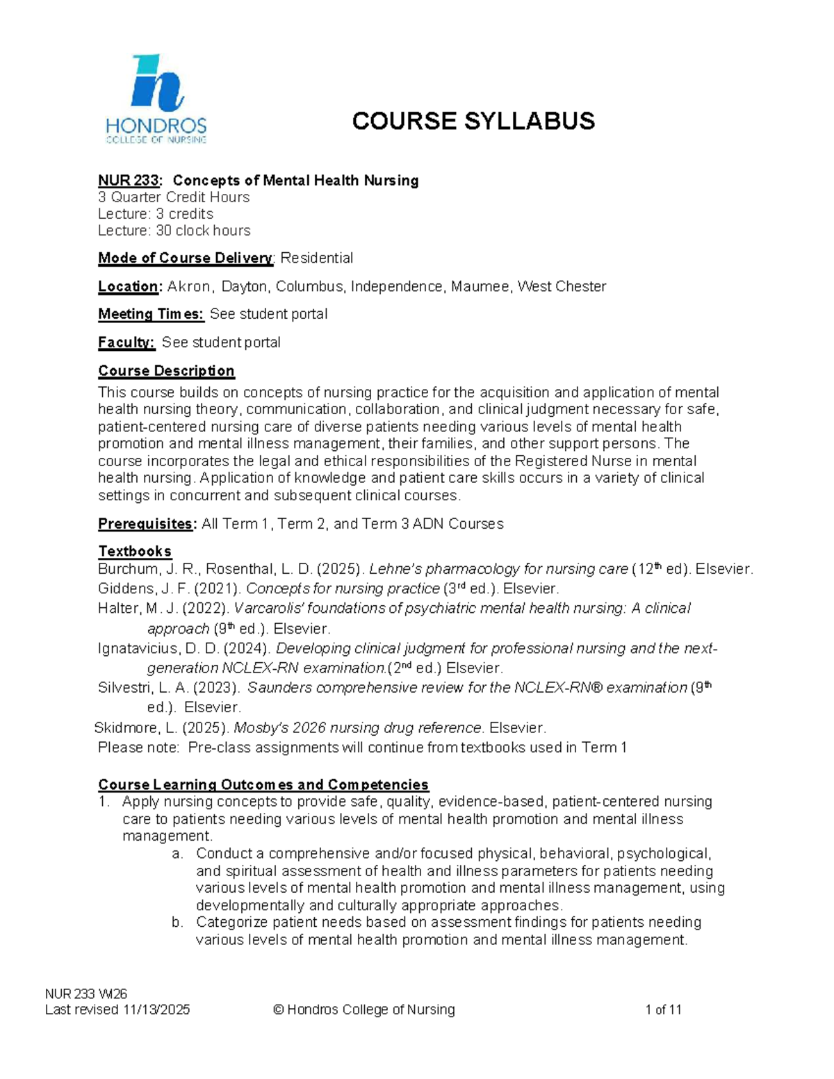 NUR 233 WI26: Mental Health Nursing Course Syllabus & Study Guide - Studocu