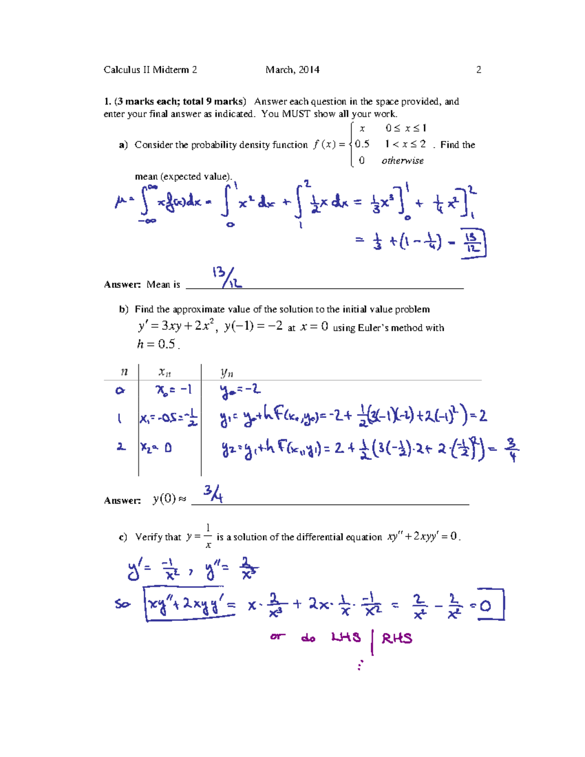 Calculus II Midterm 2 - March 2014 - Studocu