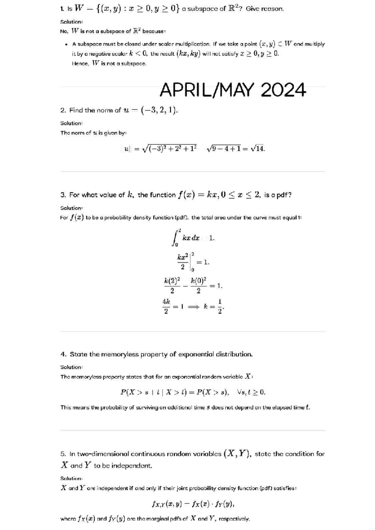 MA4151 - 2 Marks Solutions for Probability and Statistics Concepts ...