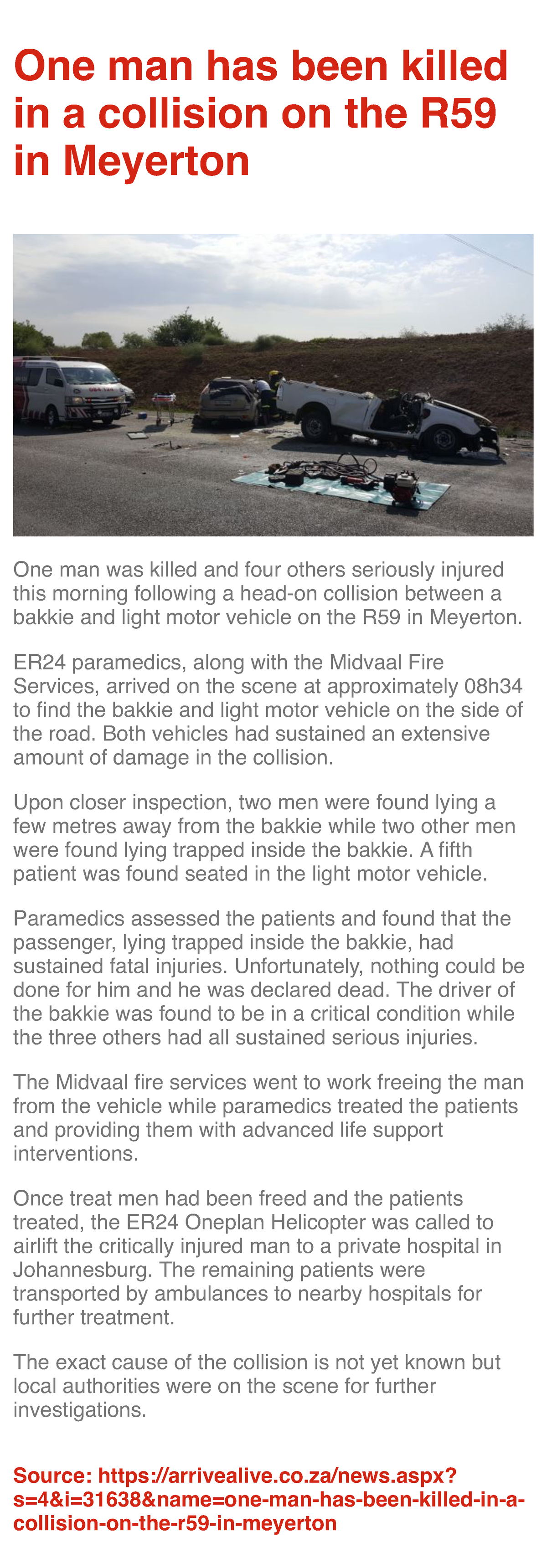One man has been killed in a collision on the R59 in Meyerton - One man ...