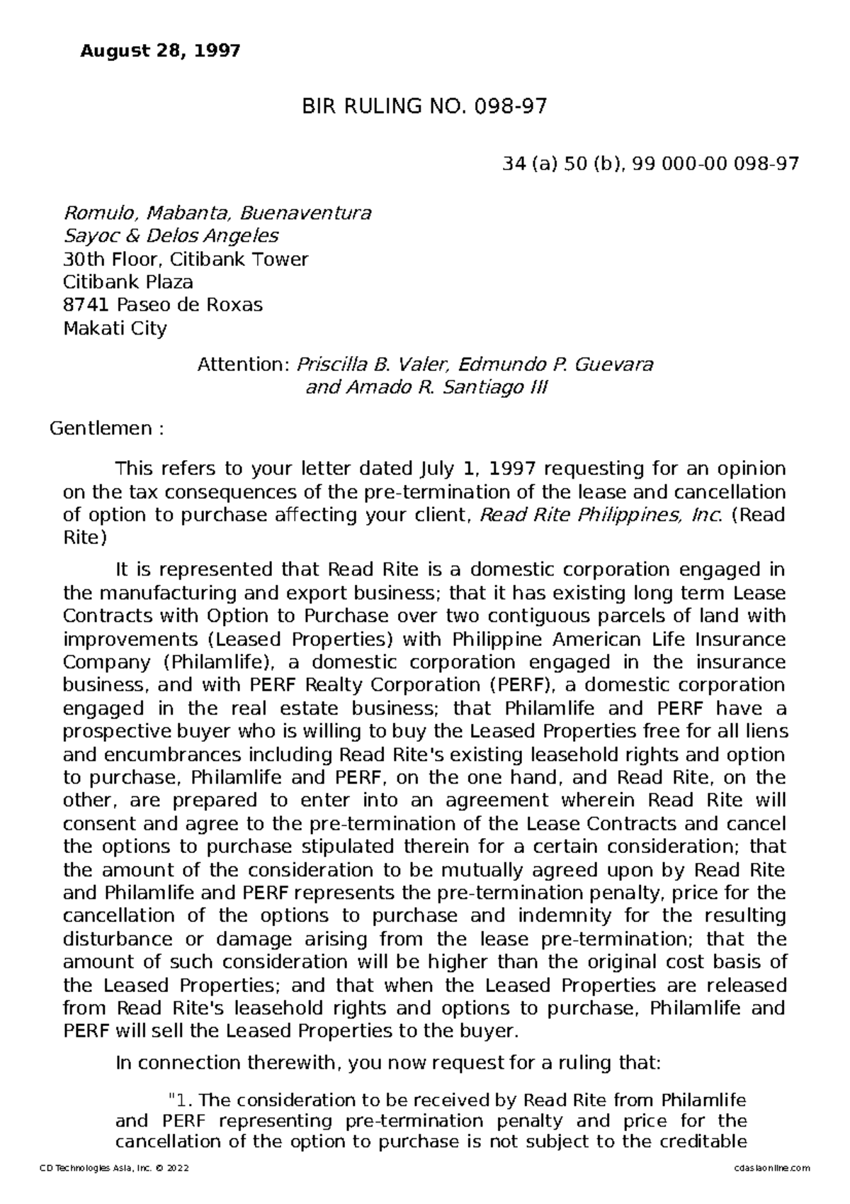 BIR Ruling No. 34 (a) 50 (b) - Tax Consequences of Lease Pre ...