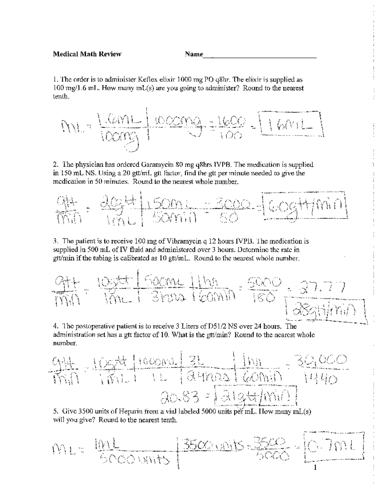 Math Review (Answer Key) - Medical Math Review Name 1. The order is to ...