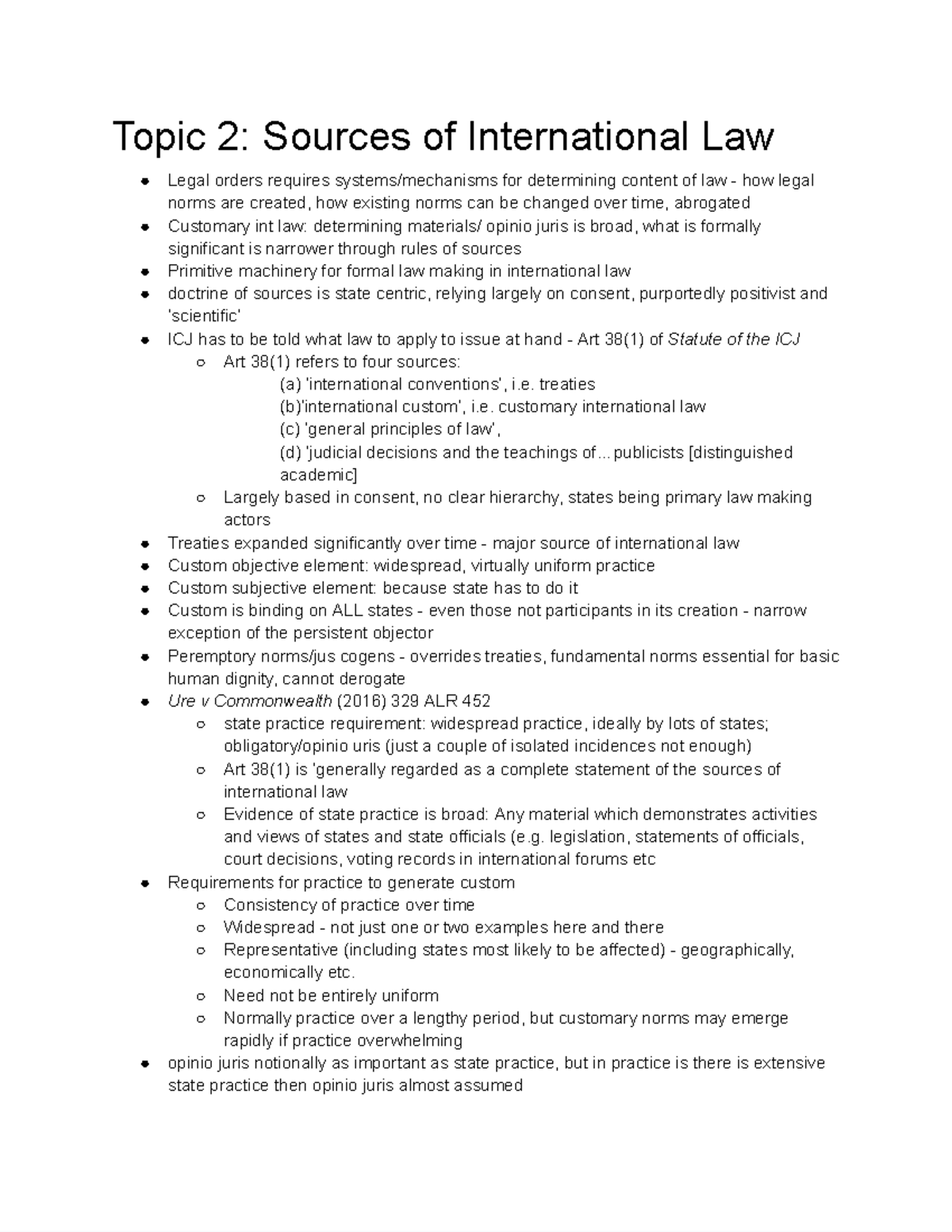 LAWS1023 Topic 2 Notes - Topic 2: Sources of International Law Legal ...