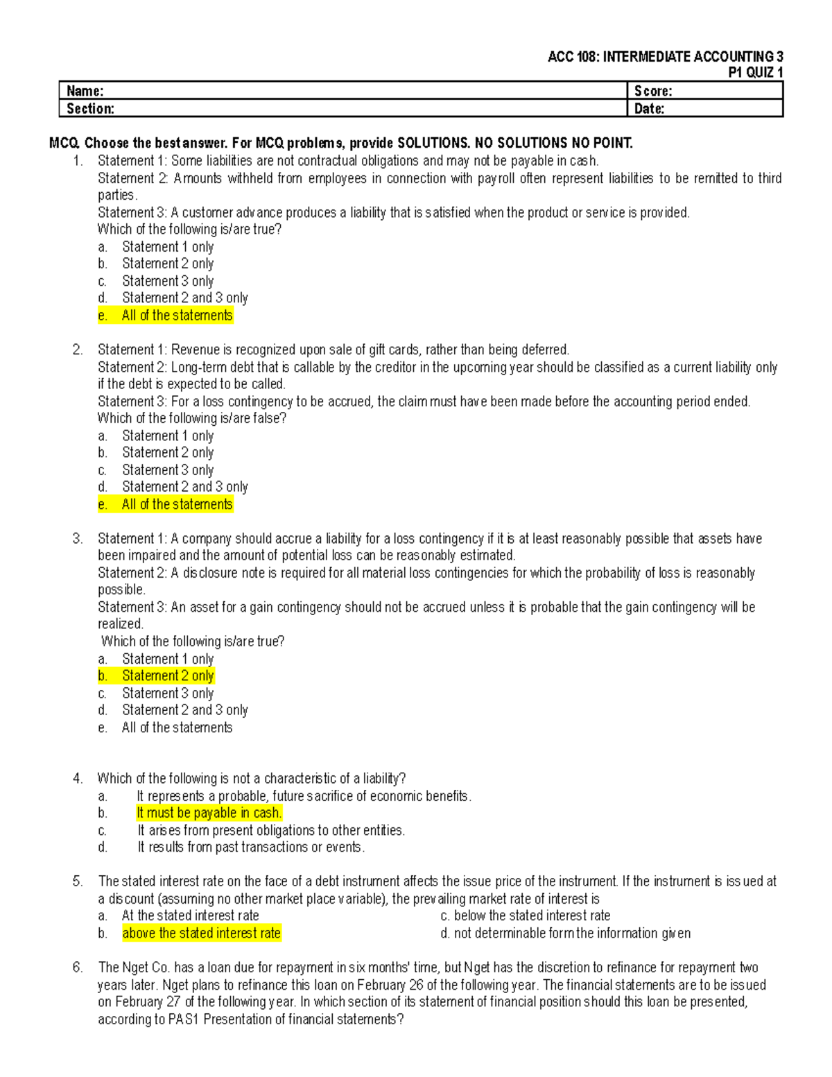 Intermediate Accounting 2- Bonds - P1 QUIZ 1 Name: Score: Section: Date ...