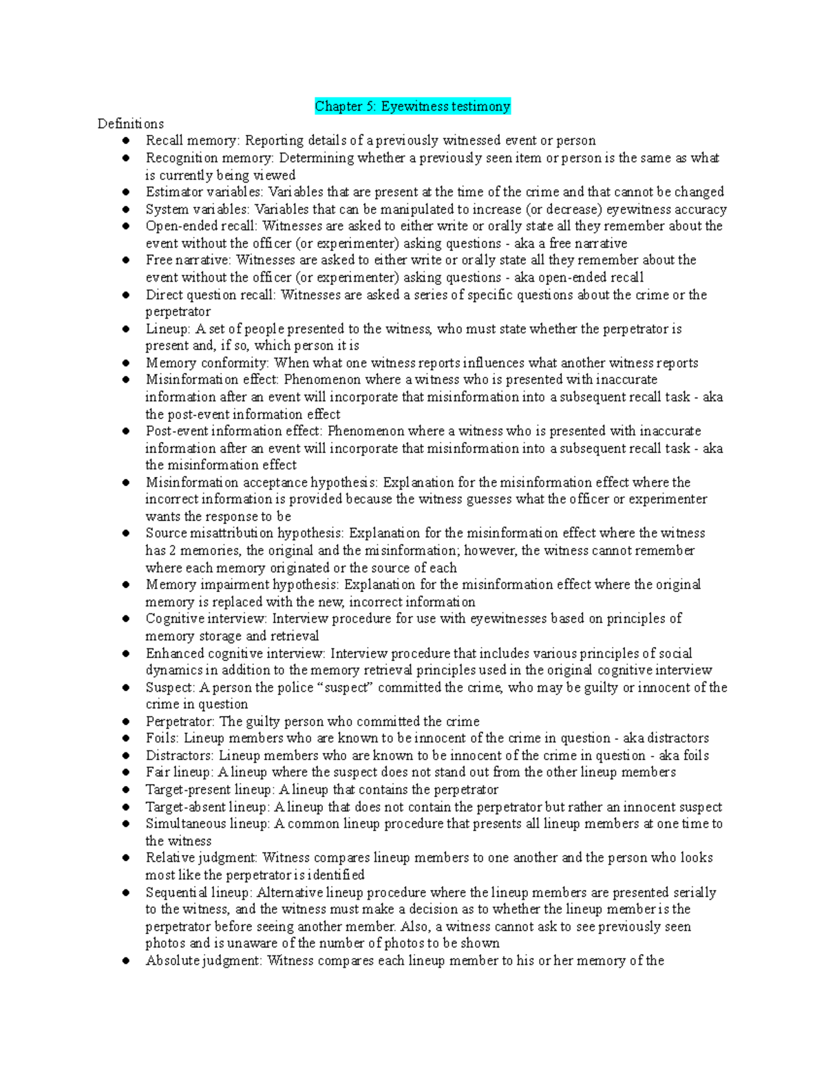 Psych 20232 - Lecture Notes on Eyewitness Testimony & Memory Concepts ...