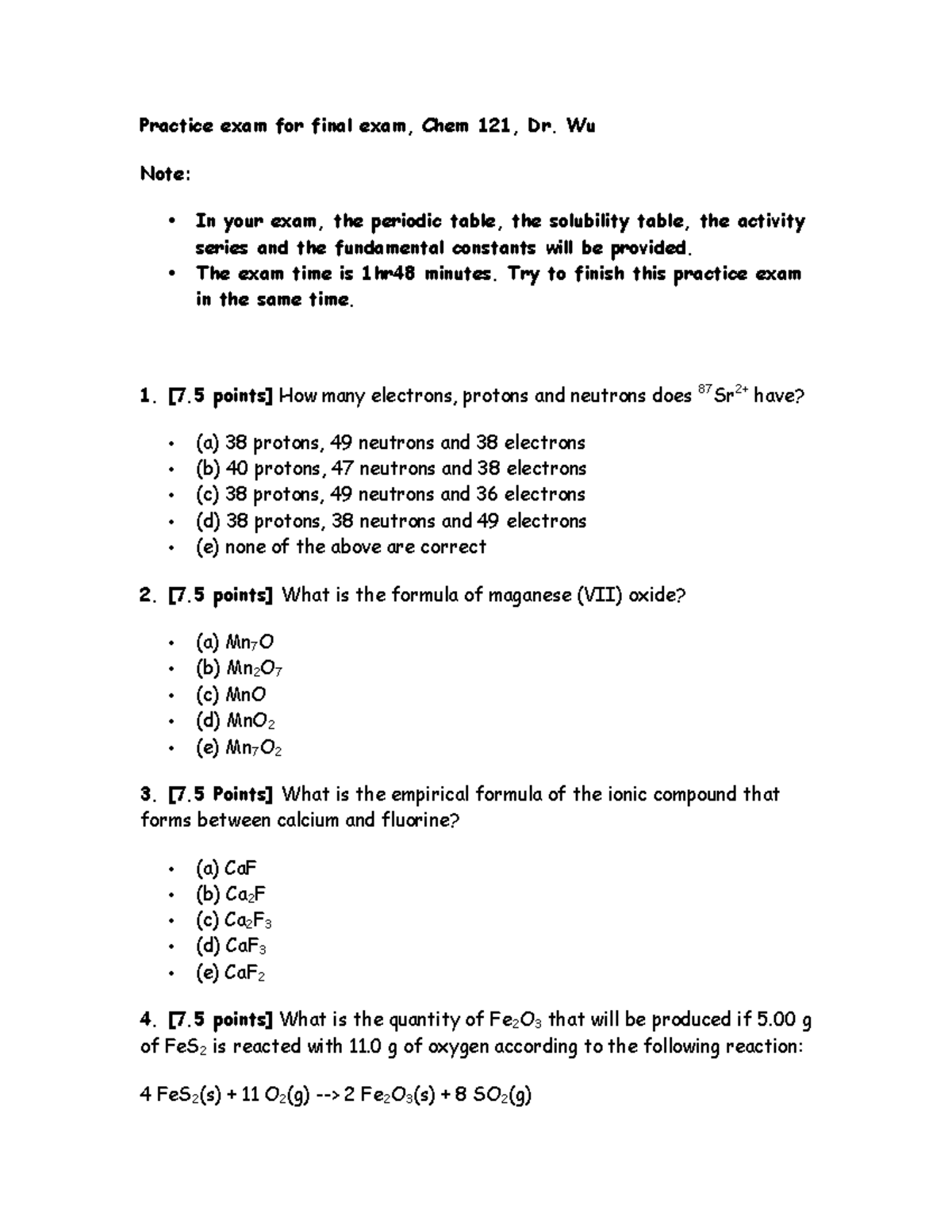 Practice Exam for Final Chem 121 - Practice exam for final exam, Chem ...