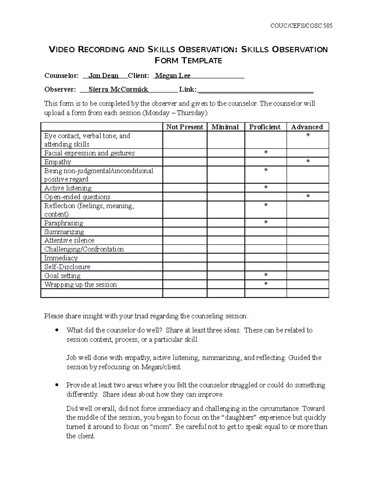 Benchmark Counseling Skills Template for Counseling Practice - Studocu