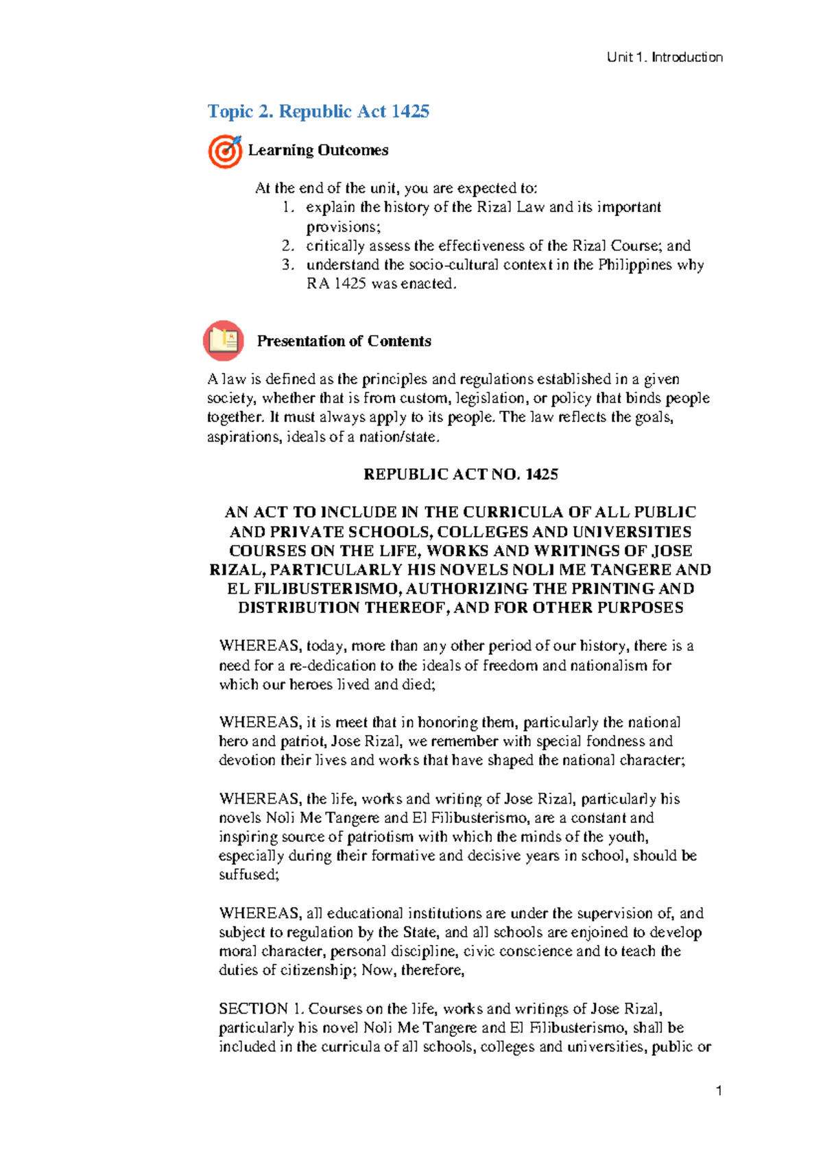 Unit 1: Introduction to Republic Act 1425 and Its Impact - Studocu