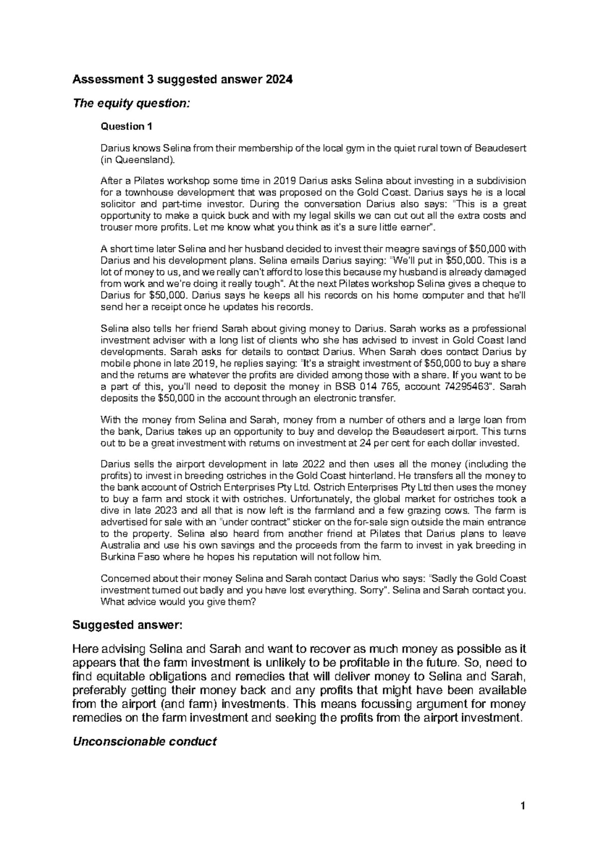 Assessment 3 Suggested Answers 2024: Equity and Trusts Analysis - Studocu