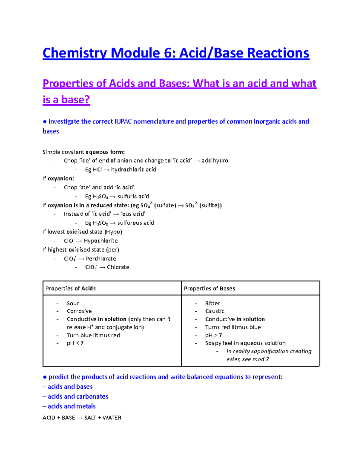 Chemistry M6 Final Exam Notes: Properties of Acids and Bases - Studocu