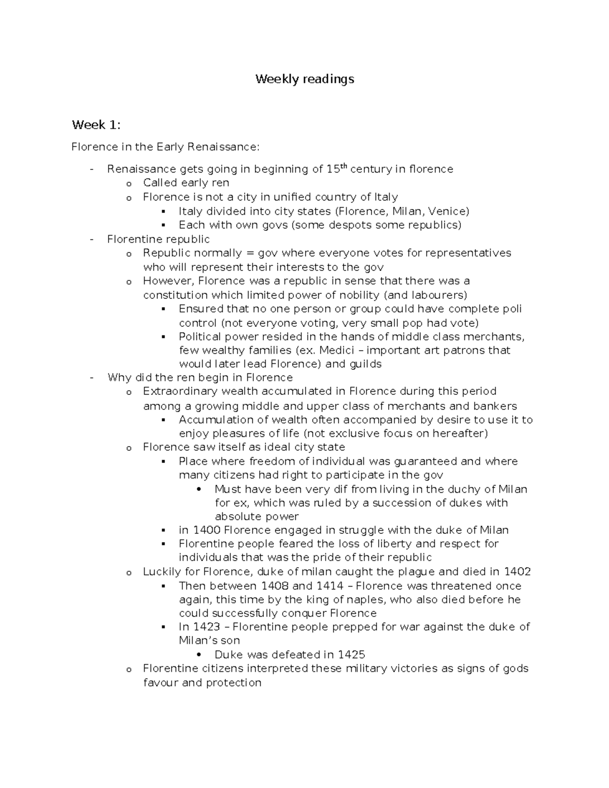 ARTH 1101 Weekly Readings Overview: Early Renaissance in Florence - Studocu