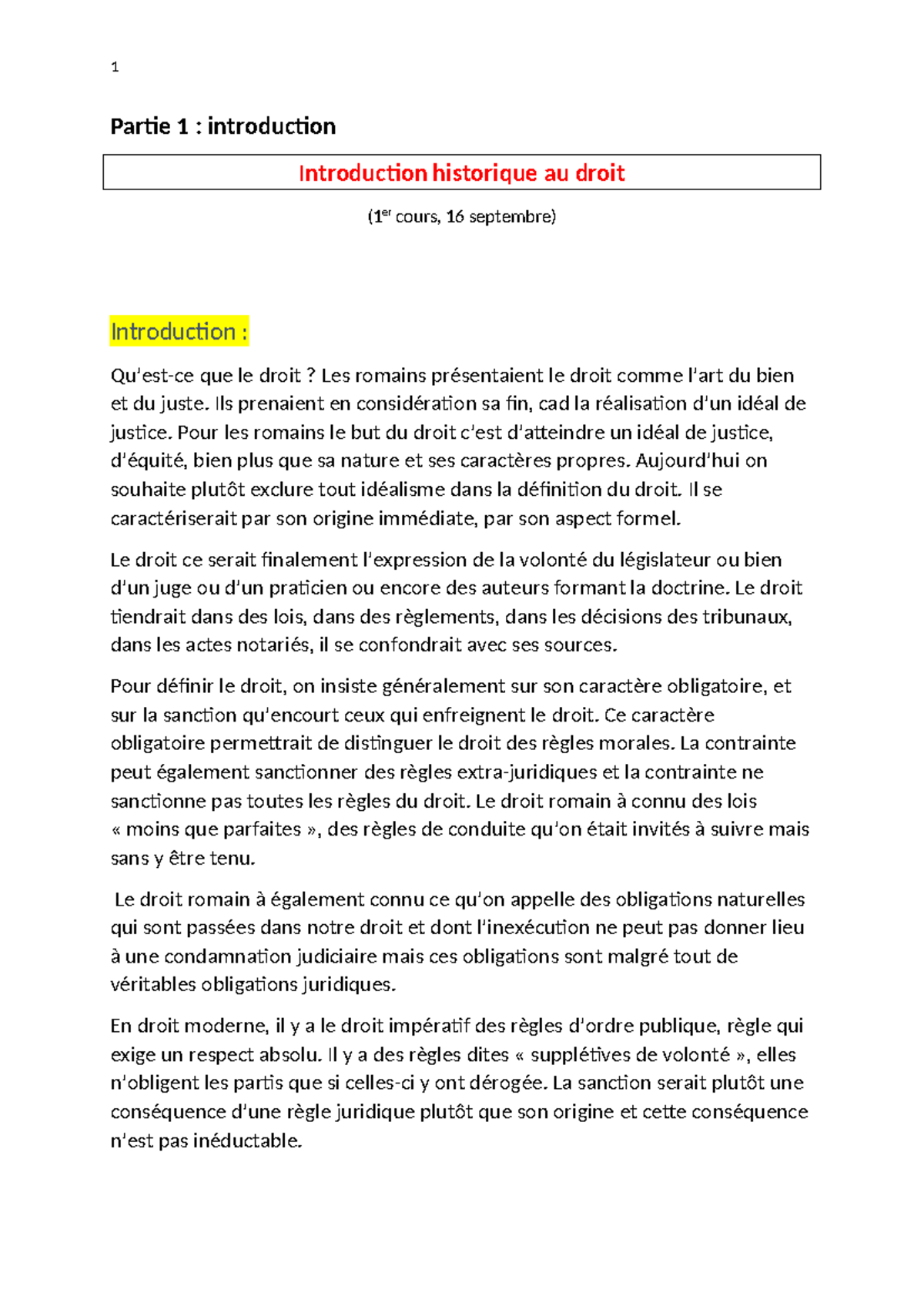 Introduction au droit - Partie 1 : introduction Introduction historique ...