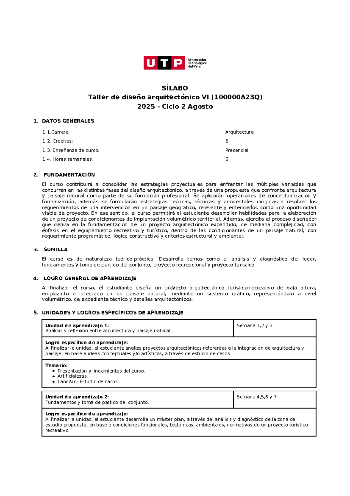 SÍLABO Taller de Diseño Arquitectónico VI 2025 - Ciclo 2 - Document Preview