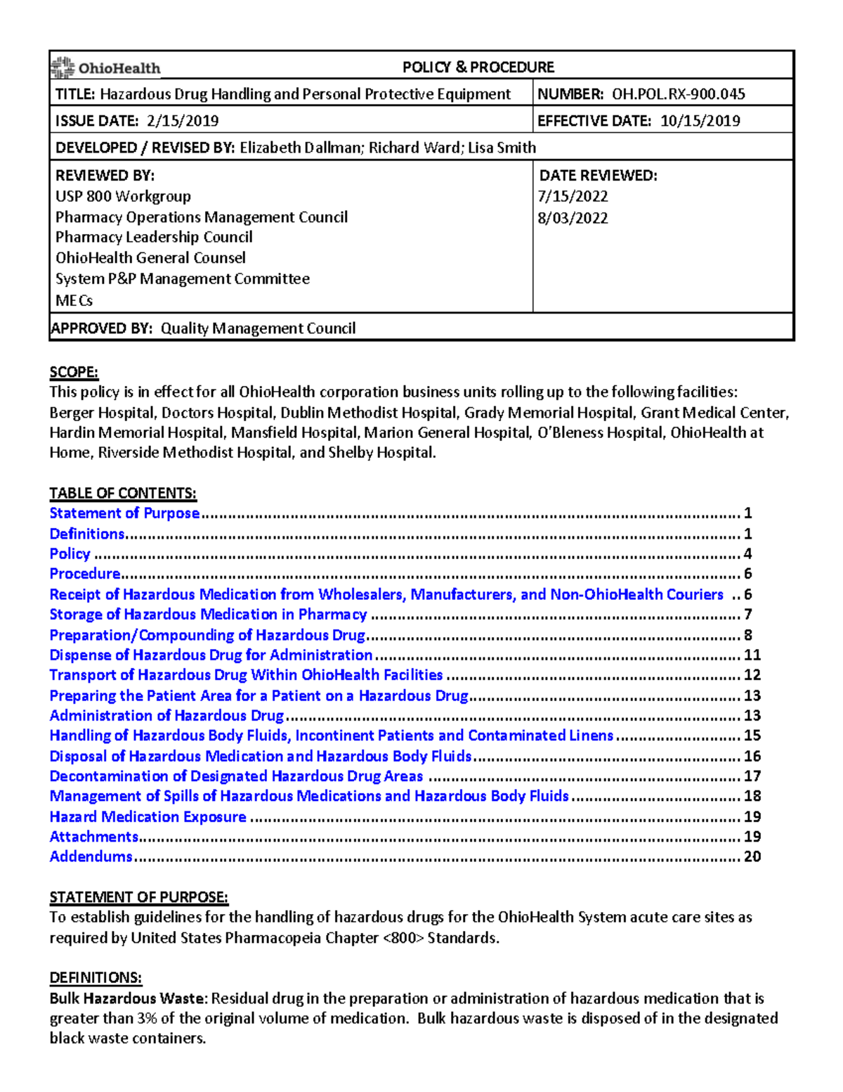 OH.POL.RX-900.045 Hazardous Drug Handling & PPE Guidelines - Studocu