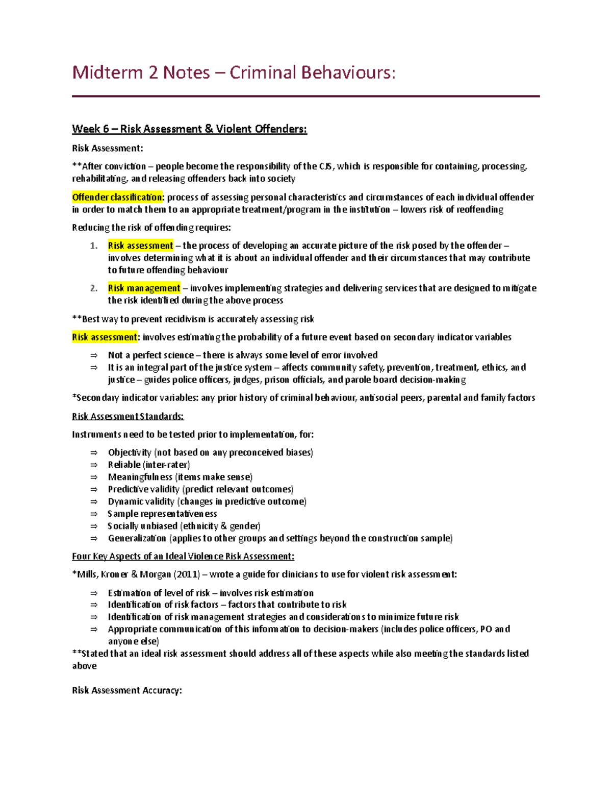 Midterm 2 Notes - Risk Assessment & Violent Offenders (CRJ 303) - Studocu