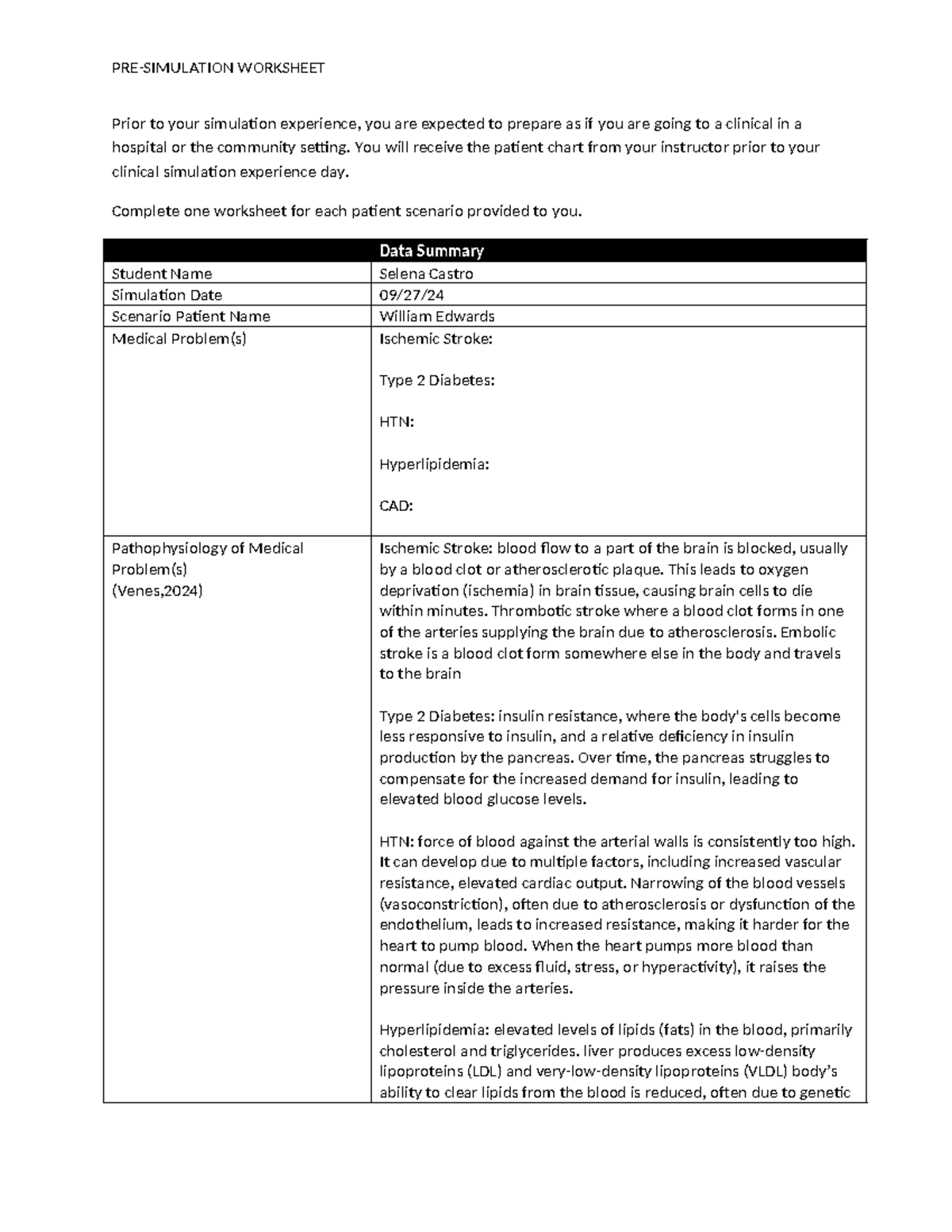 William Edwards - Clinical Simulation Worksheet (09/27) - Studocu