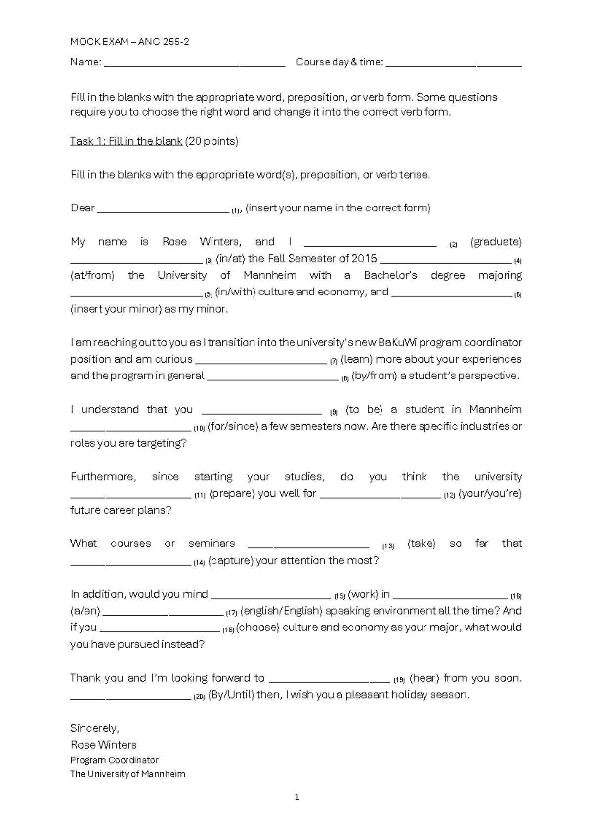 Mock exam - fill in the blanks exercise for course ANG - Studocu