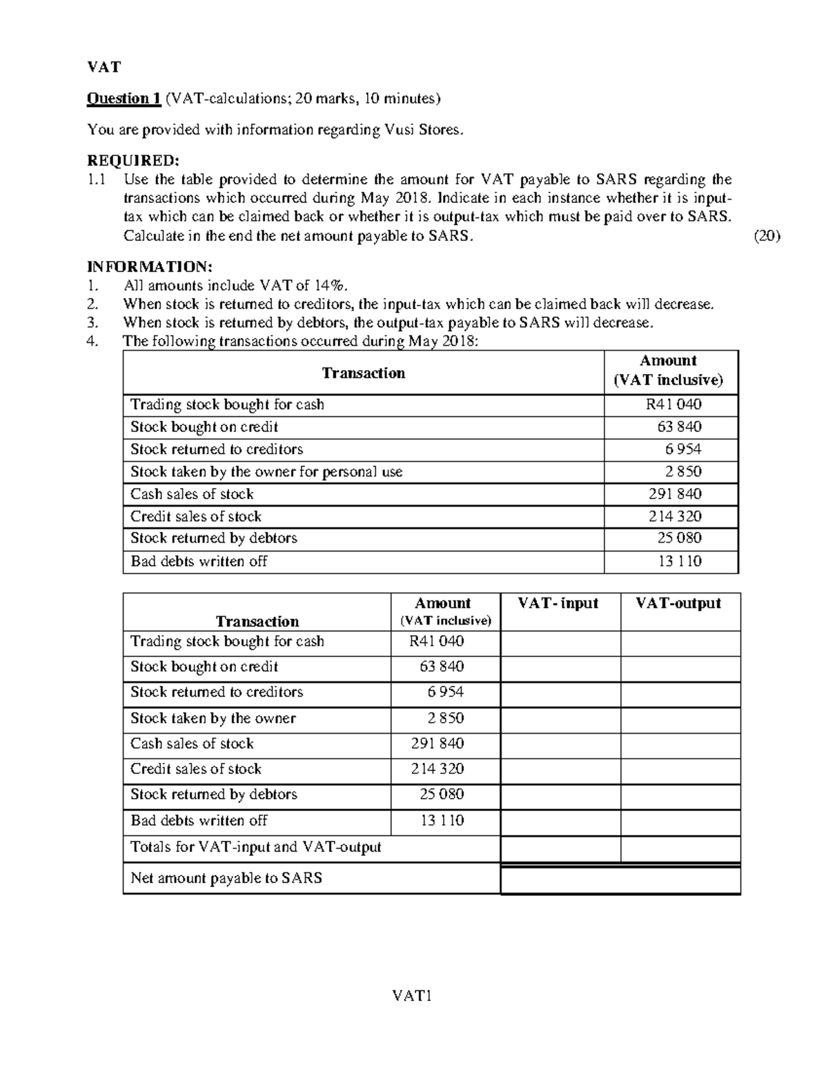 Grade 10 VAT Practice Questions and Calculations - Studocu