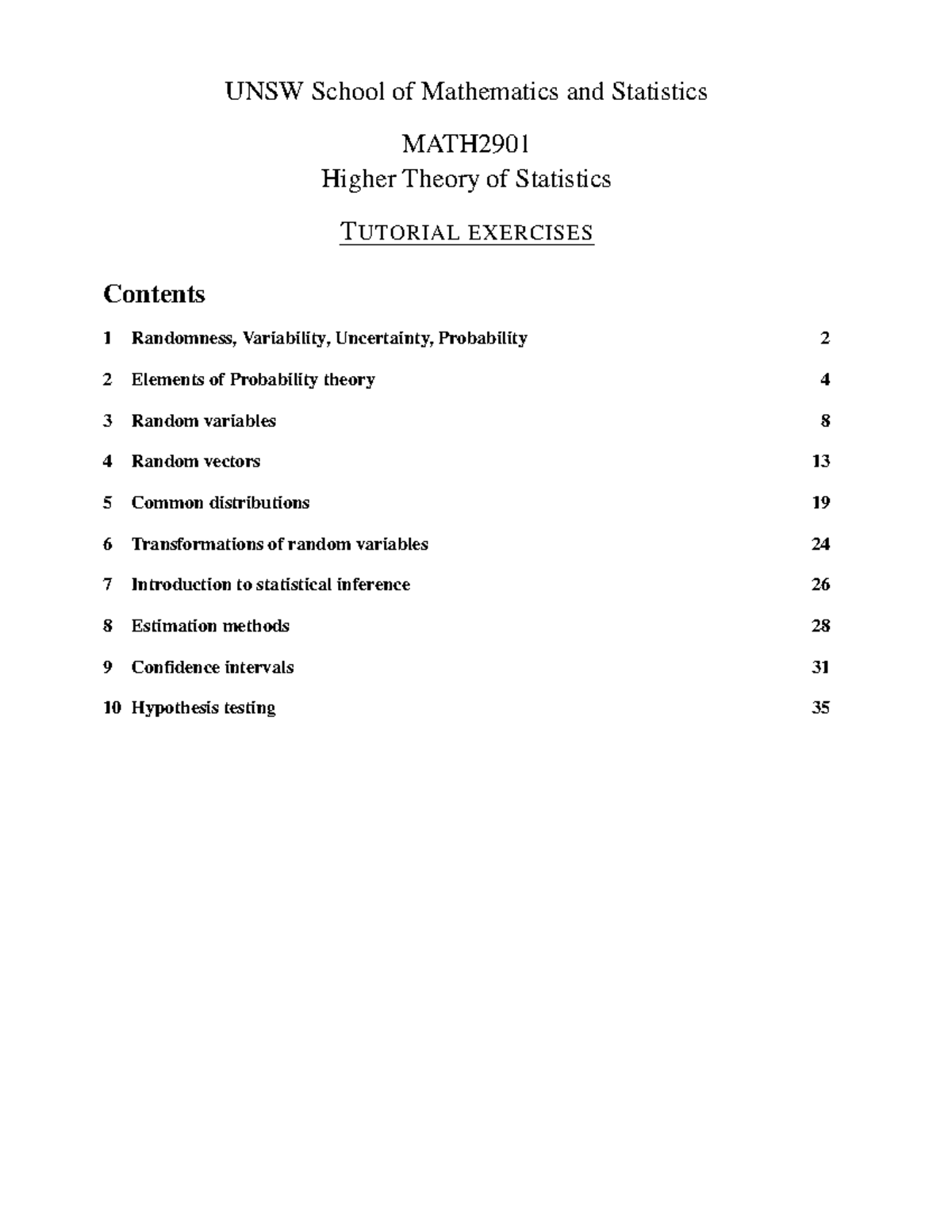 UNSW MATH2901 Higher Theory of Statistics Tutorial Exercises - Studocu