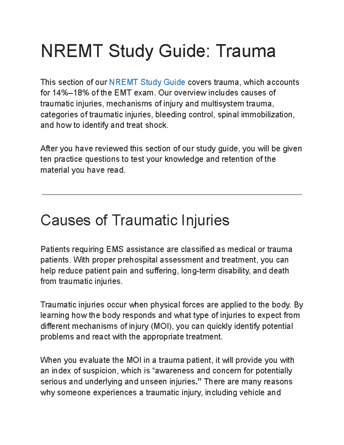 NREMT Study Guide: Trauma Overview & Key Concepts - Studocu
