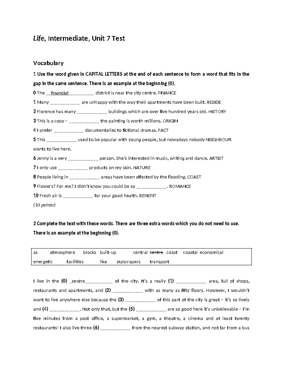 Life 2e Intermediate Unit 7 Test Vocabulary and Grammar Exercises - Studocu