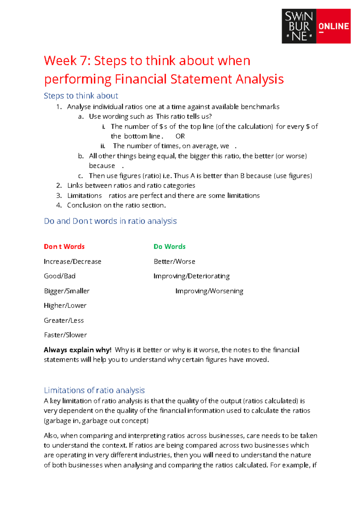 ACC10007 - Week 7: Key steps for financial statement analysis - Studocu