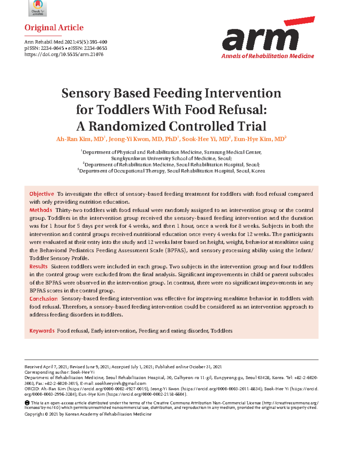 Sensory-Based Feeding Intervention for Toddlers with Food Refusal: A ...