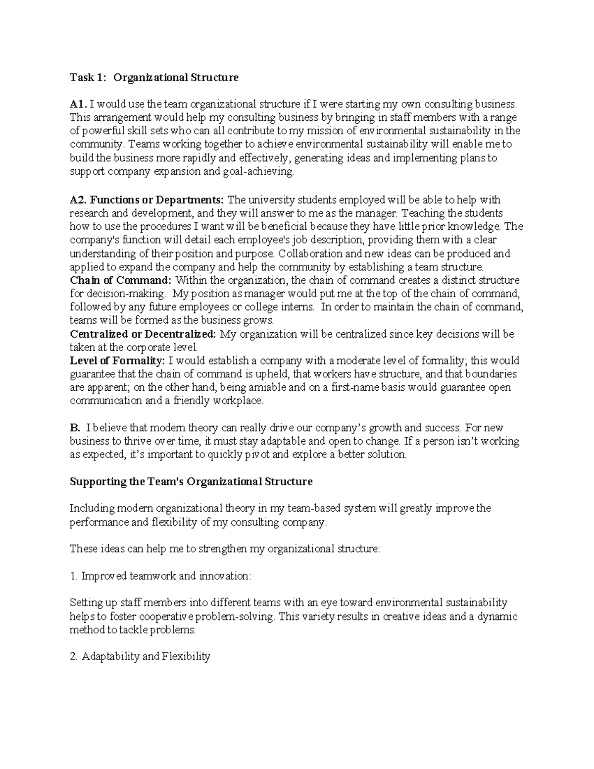 D078 Task 1 - Business assignment. - Task 1: Organizational Structure ...