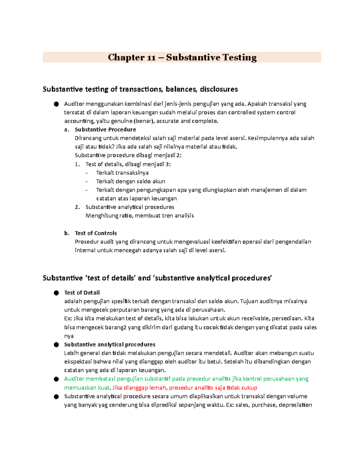 Chapter 11 - Substantive Testing of Transactions and Disclosures - Studocu