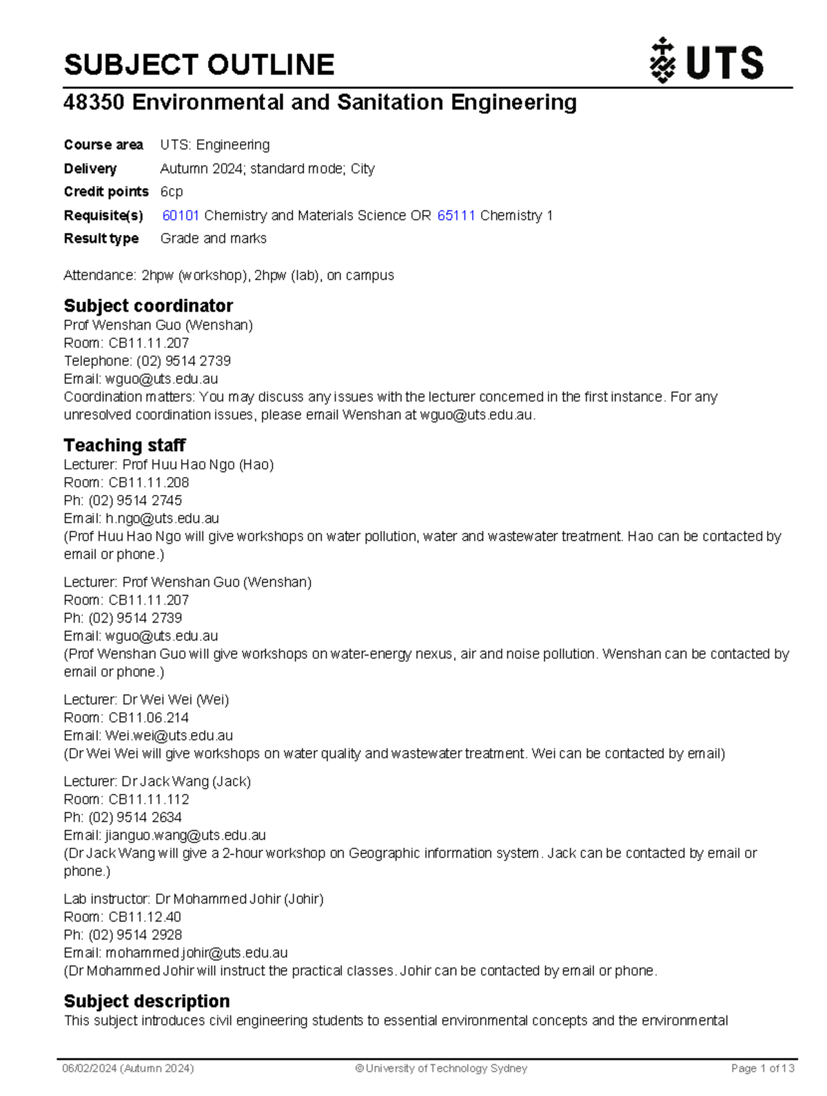 Subject Outline for 48350 Environmental and Sanitation Engineering ...