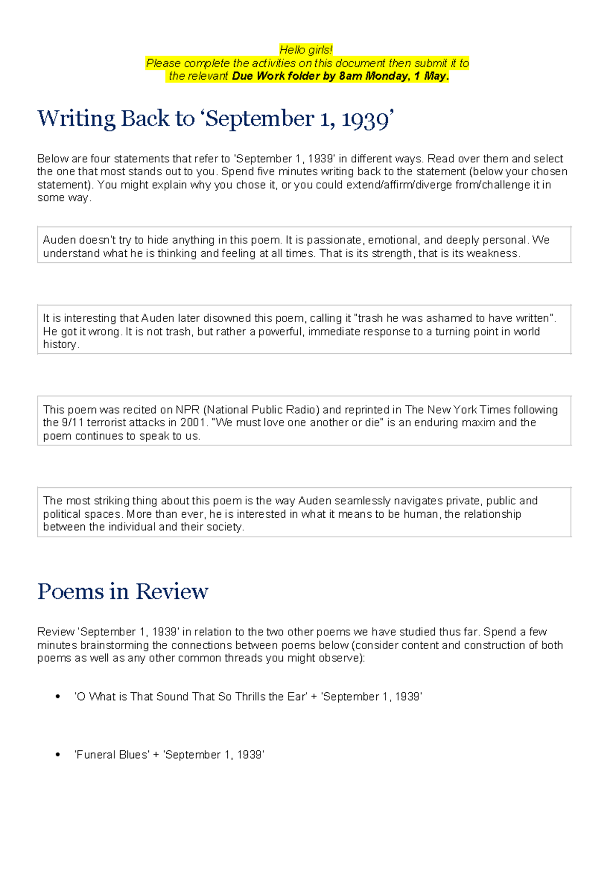 Writing Back to Auden: Analytical Response Guide for Poetry - Studocu