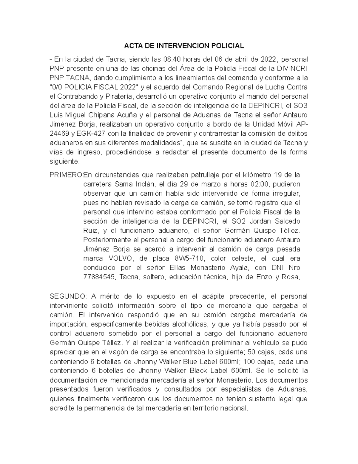 Acta de Intervención Policial sobre Contrabando en Tacna - Document Preview